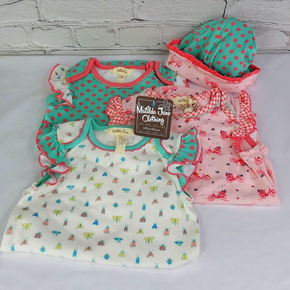 MATILDA JANE 4-PIECE SET 'ROUND TRIP CAMP' REVERSIBLE BODYSUITS & BONNET CLT. - Picture 5 of 16
